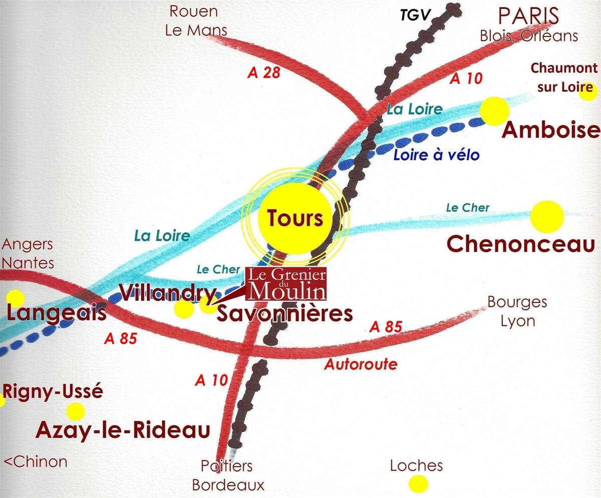 A 6km de Savonnières, 2 accès [A85 sorties n°8 (Villandry) et n°9 (Azay-le-Rideau/Druye) ] permettent de rejoindre directement par autoroute Nantes - Angers / Bourges - Lyon / et aussi Paris - Orléans / Poitiers - Bordeaux et Le Mans - Rouen